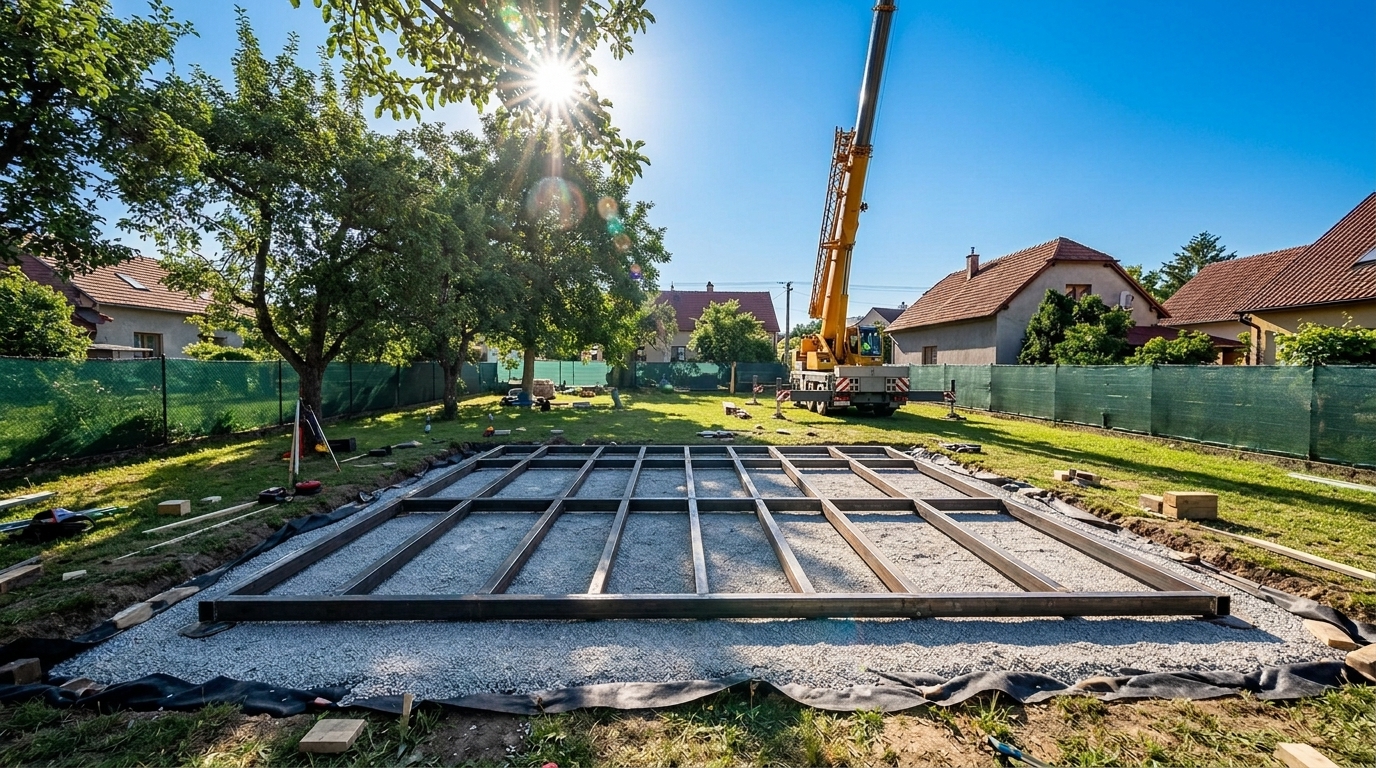 Jeřáb usazuje modul na základy
